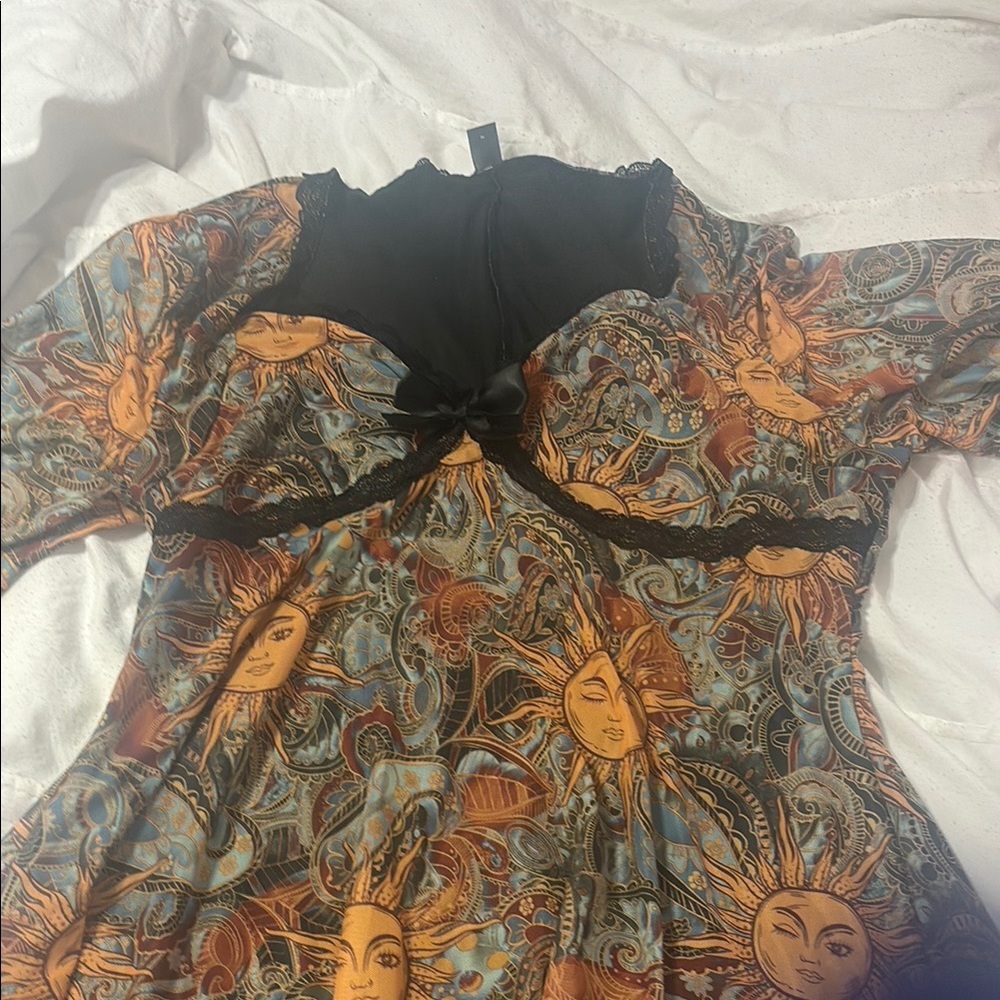 Sun and Moon Patterned Dress with Black Lace